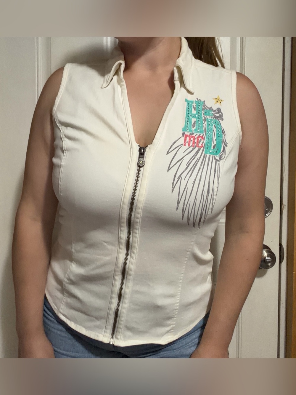 Harley Davidson Zip Up Front White Vest Blouse with Lace Up Back Double Graphics